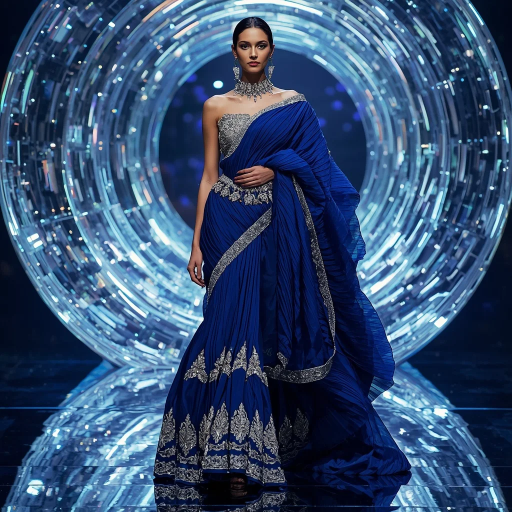 Sapphire Titanium Symphony Saree with Holographic Crystal Reflection Orbit Infinity Pavilion | Ai Prompt Generator Free
