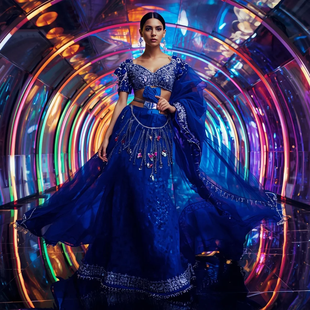 Sapphire Voltage Galaxy Saree with Curved Hologram Reflection Hall | Trending Prompt Girls ChatGPT