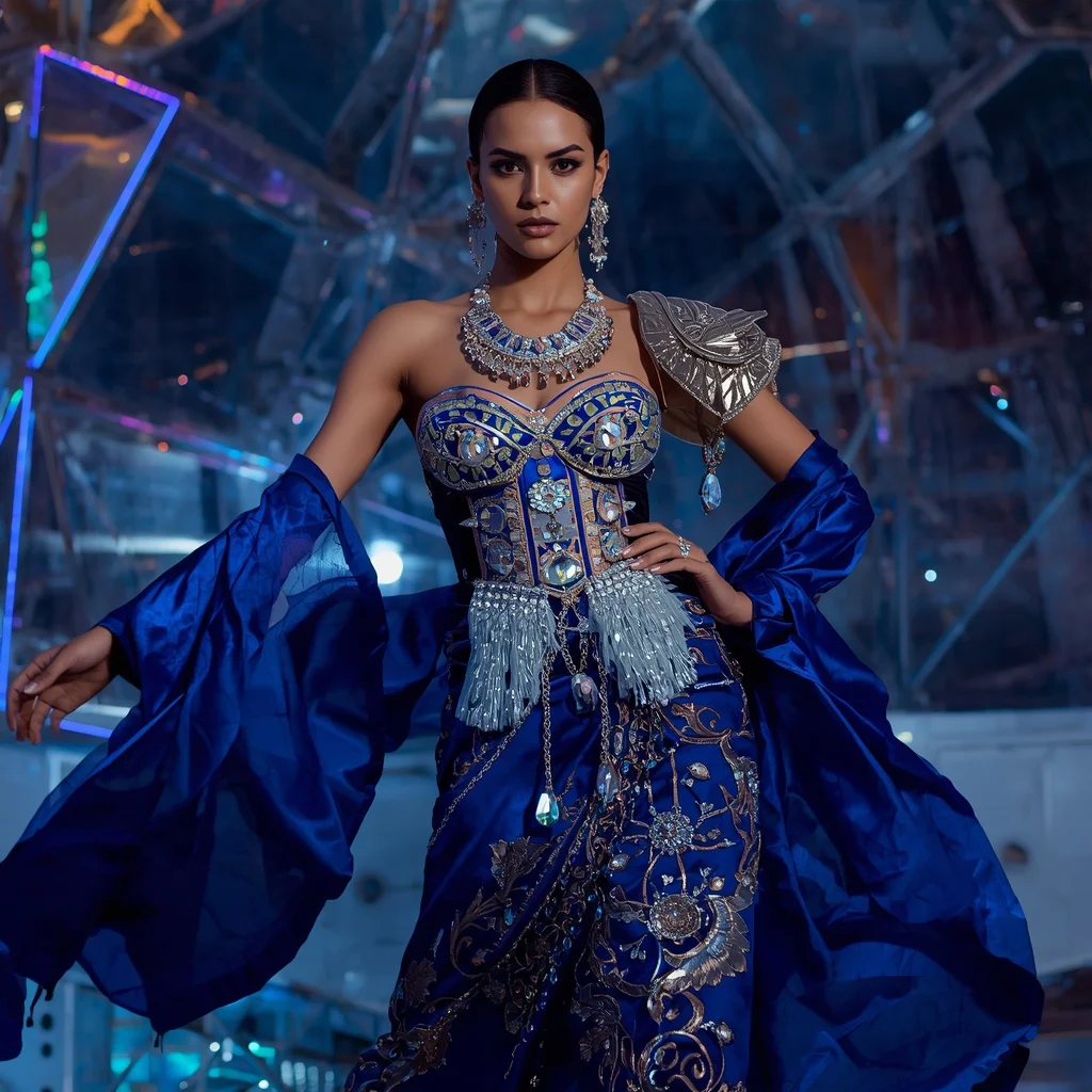 Sapphire Voltage Royale Saree with Curved Hologram Prism Observatory | Indian Girl Ai Prompt