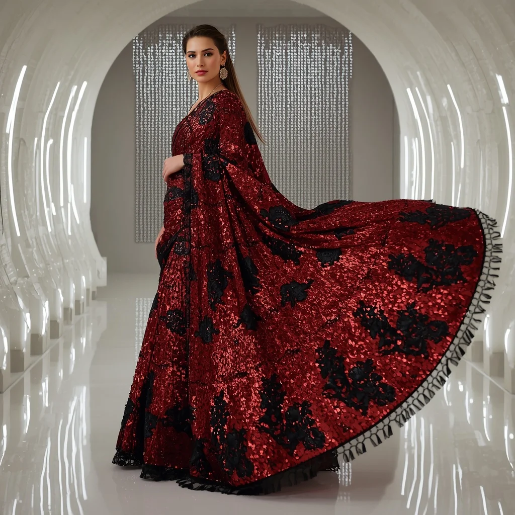 Scarlet Chrome and Black Lace Saree with Pulsing Light Matrix | New Instagram Trend Prompt For Girl Love
