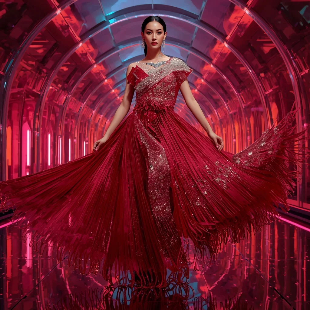 Scarlet Diamond Mirage Saree with Floating RGB Cathedral | Grok Ai Prompt