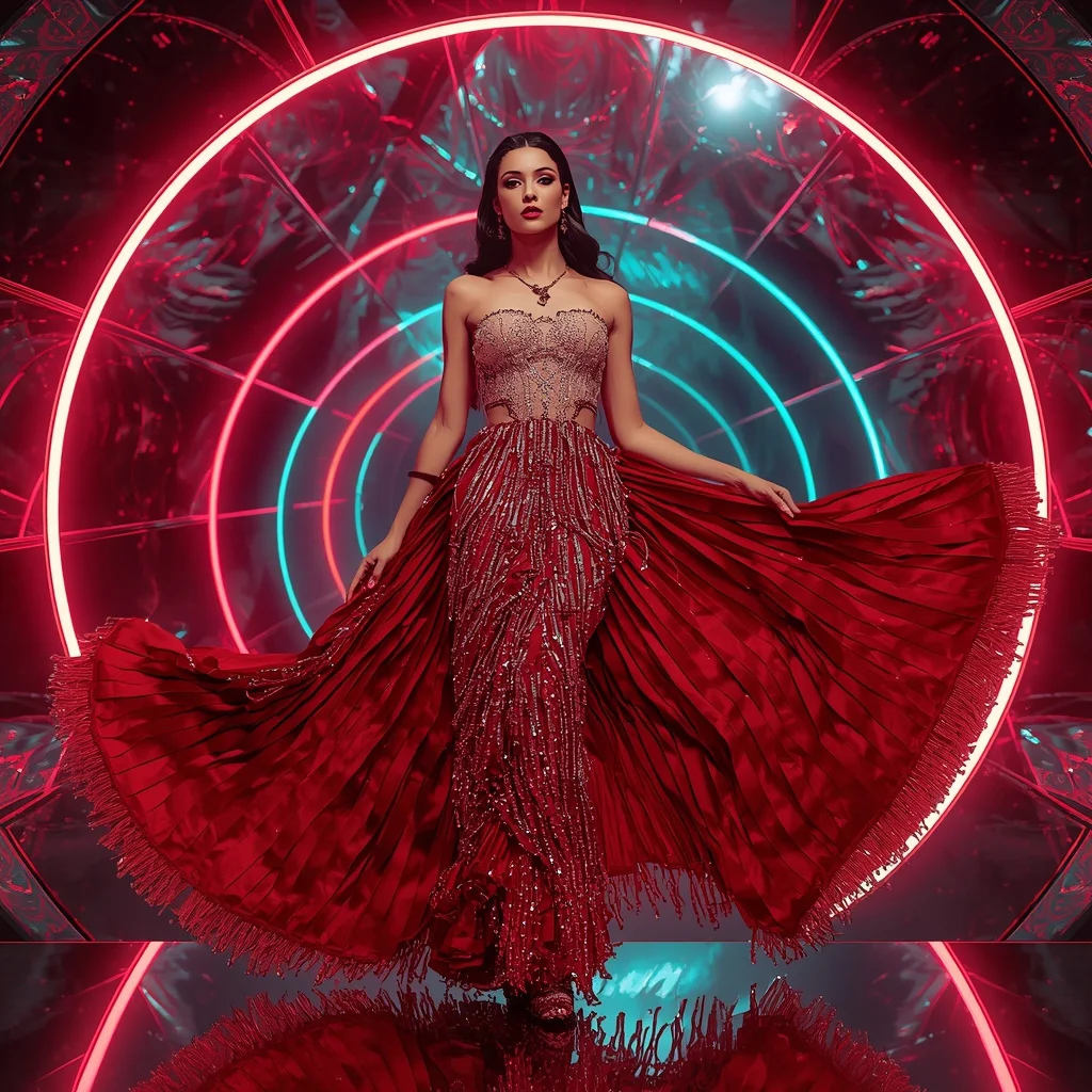 Scarlet Diamond Mirage Saree with Floating RGB Dome | Saree Ai Prompt