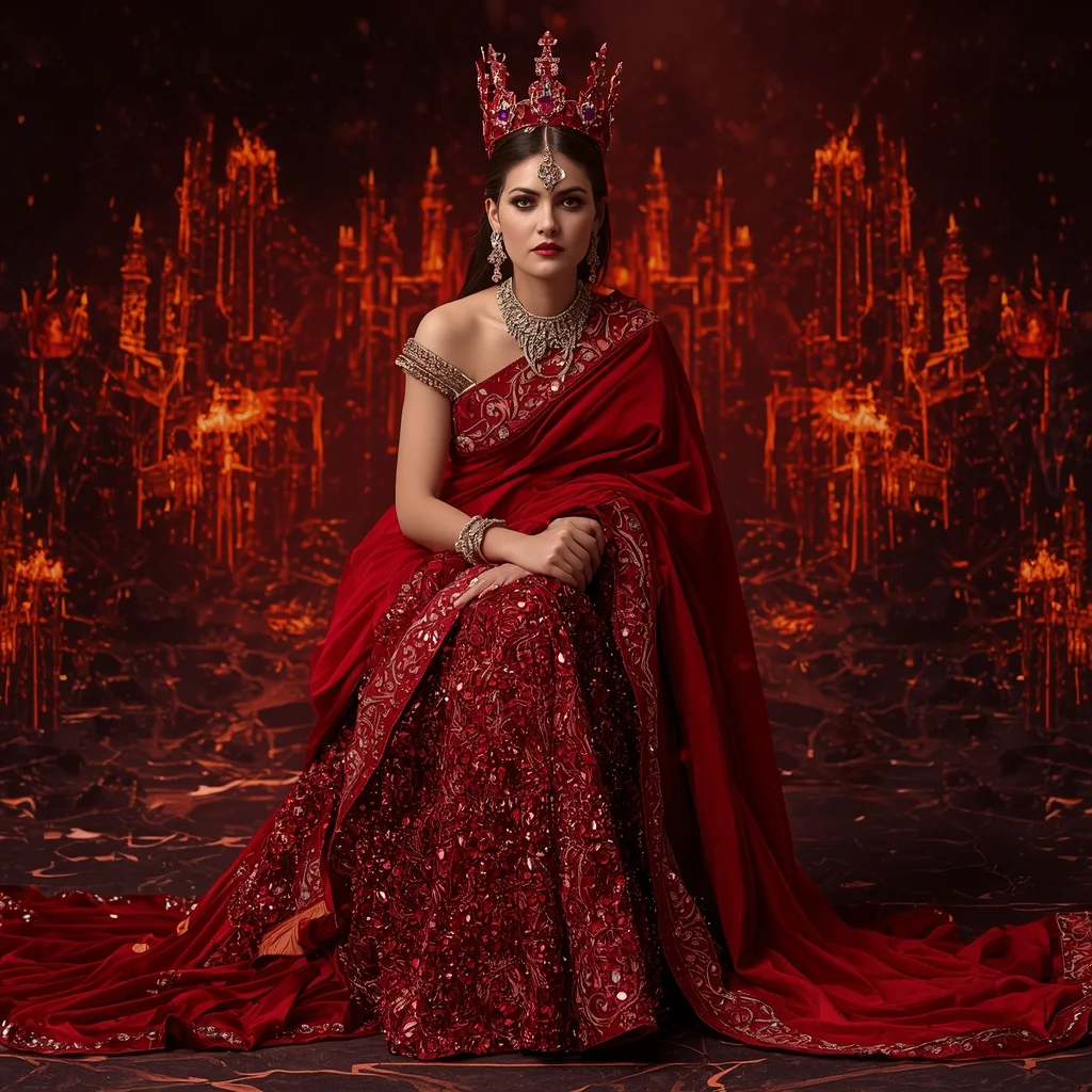 Scarlet Inferno Monarch Saree with Lava Crystal Cathedrals and Volcano Empire Fortress | Female Model Ai Prompt