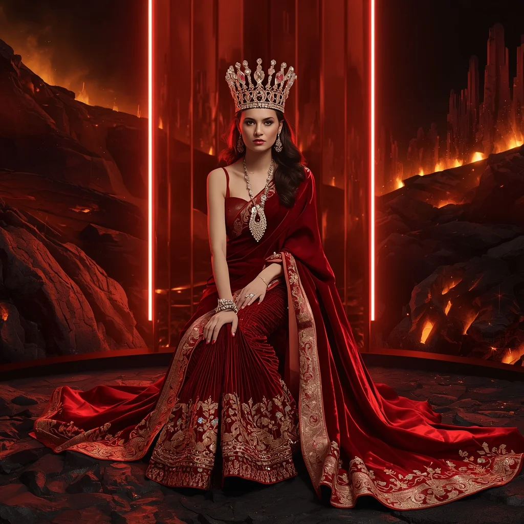 Scarlet Magma Queen Saree with Volcano Crystal Empires and Inferno Crown Fortress | Viral Instagram Ai Prompt