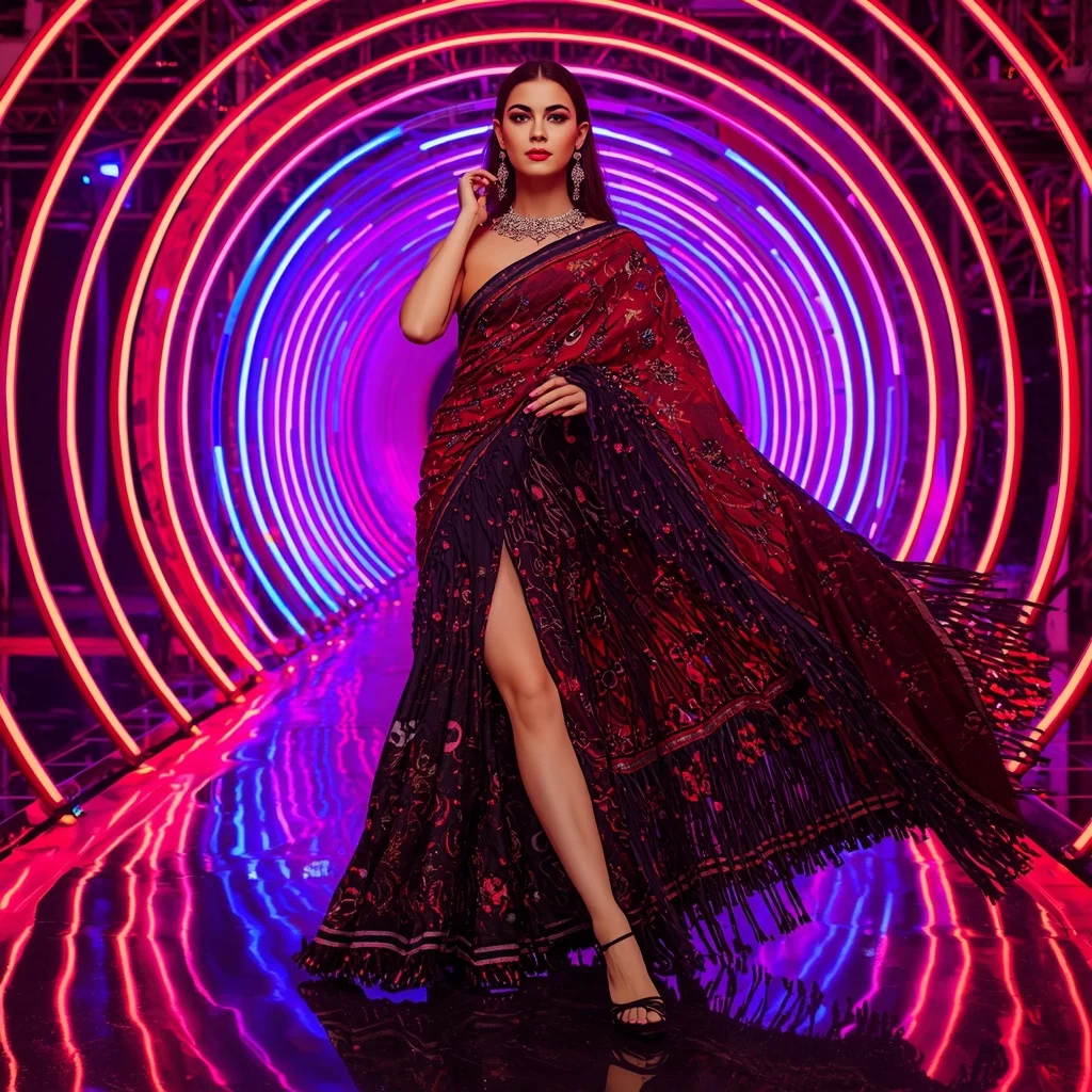 Scarlet Nebula Crystal Saree with RGB Spiral Palace | Prompt Generator