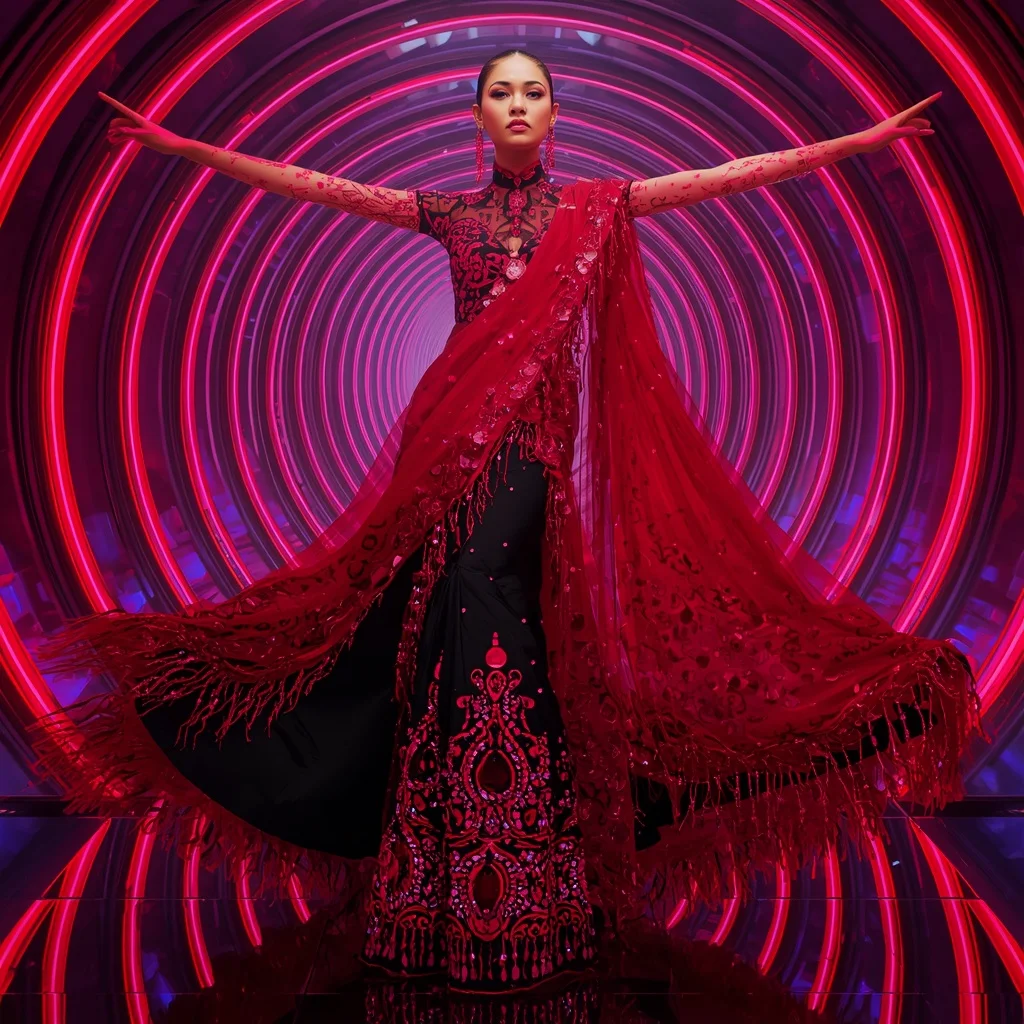 Scarlet Nebula Flame Saree with RGB Spiral Citadel | Grok Ai Prompt