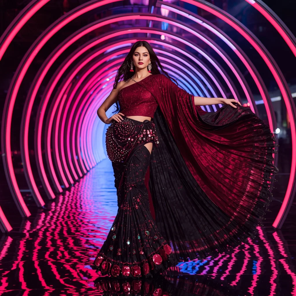 Scarlet Nebula Thunder Saree with RGB Spiral Cathedral | Instagram Photography Ai Prompt