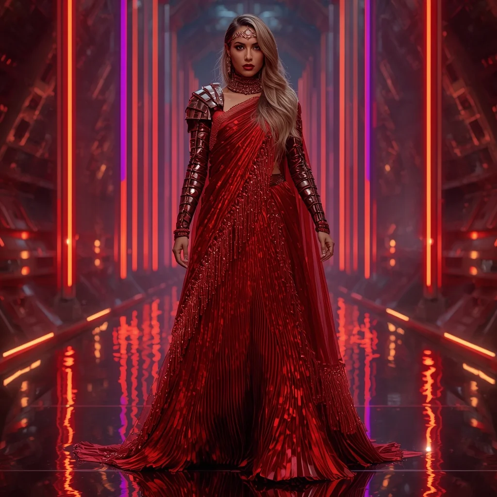 Scarlet Nova Abyss Infinity Armor Saree with Quantum Rift Engine Tunnel Core Collapse Field Nexus System | Photo Prompt