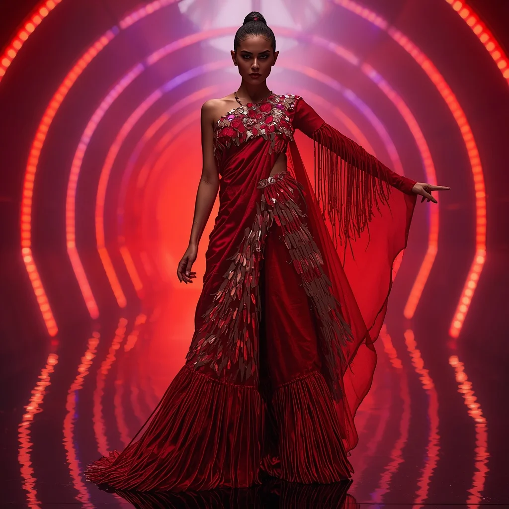 Scarlet Nova Abyss Infinity Surge Armor Saree with Quantum Rift Engine Tunnel Core Collapse Field Nexus System | Selfie Prompt