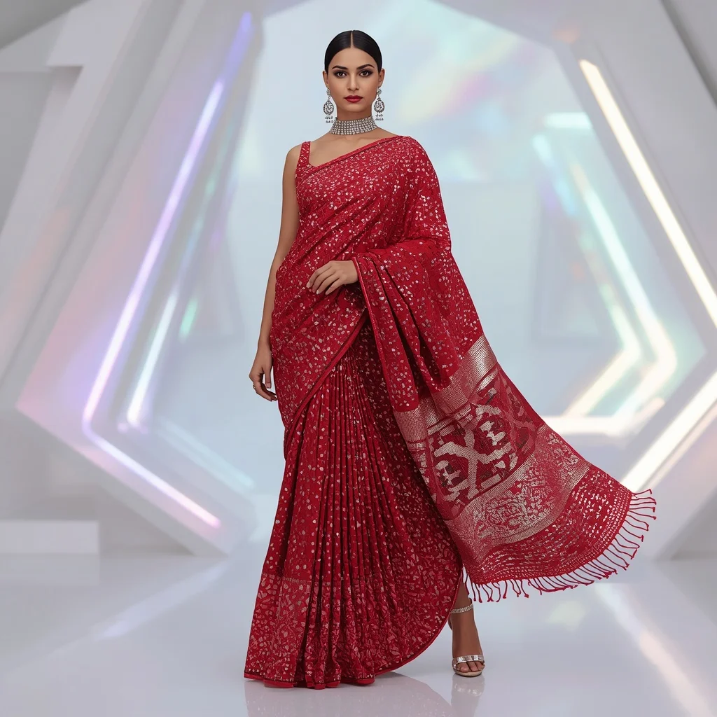 Scarlet Saree with Reflective Mosaic Tile Draping | Hd Image Prompt
