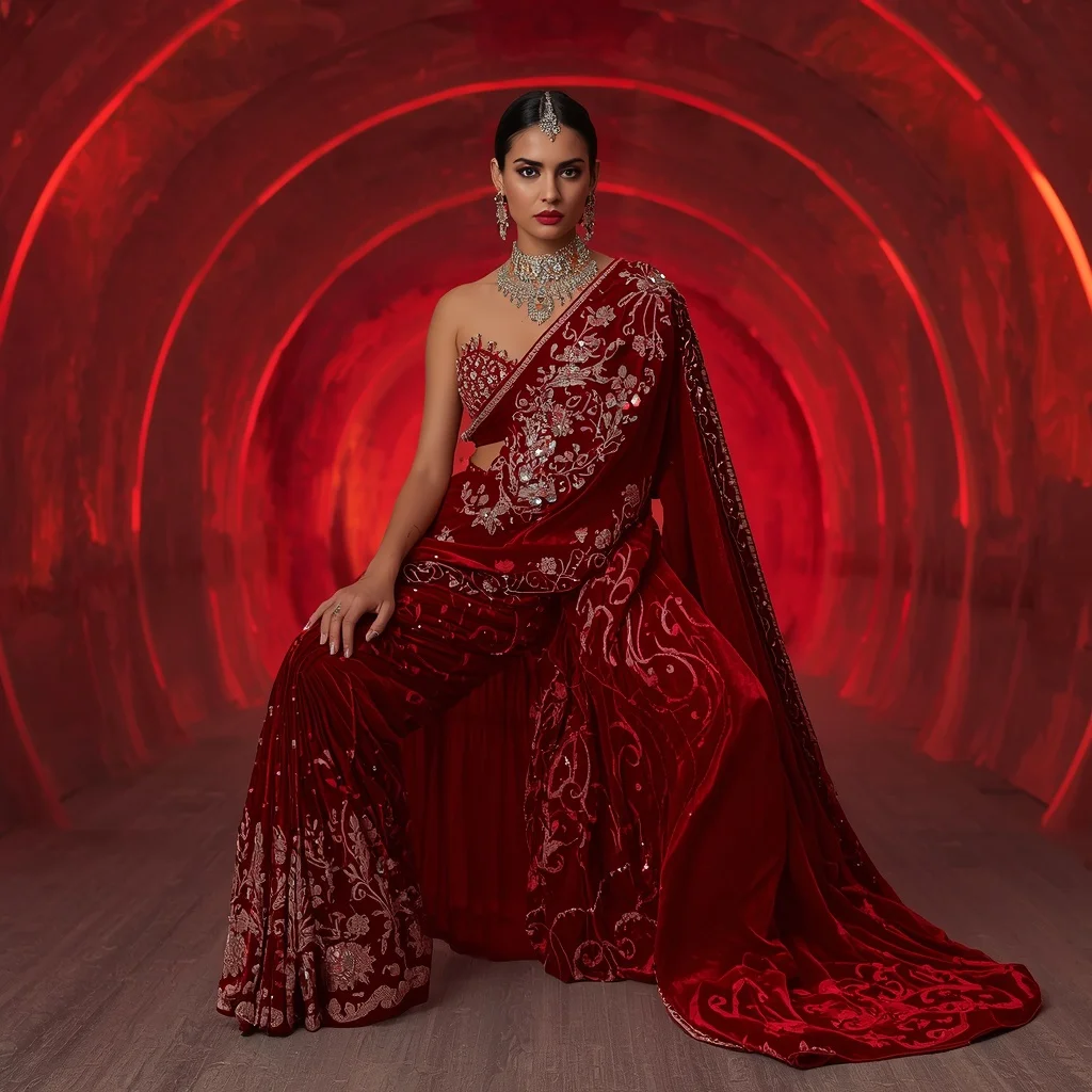 Scarlet Velvet Inferna Saree with Frozen Ember Infinity Citadel | Whatsapp Dp Ai Prompt