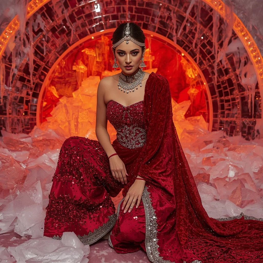 Scarlet Velvet Inferno Saree with Frozen Flame Crystal Fortress | Instagram Girl Gemini Prompt