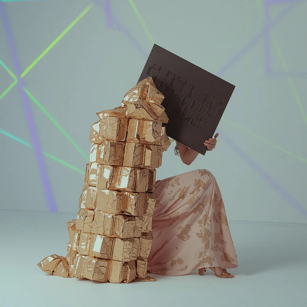 Sculpted Pyrite Strata & Thick Carbon Fiber Lattice Pastel Pale Pink Saree | Matrix Low-Squat Freeze Pose | Luxury Ai Prompt