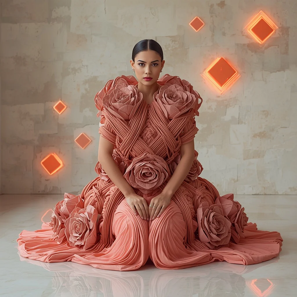Sculpted Raw Concrete Flower Armor & Heavy Copper Cable Lattice Pastel Coral Saree | Kneeling Warrior Defiance Pose | Happy Ai Prompt