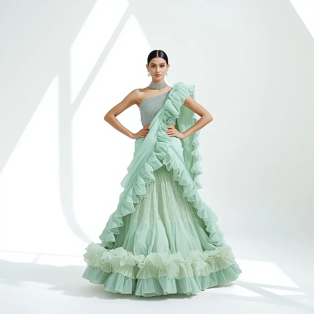 Seafoam Green 3D Organza Ruffle & Diamond Saree | Hands on Hips Power Pose | Text To Image Prompt