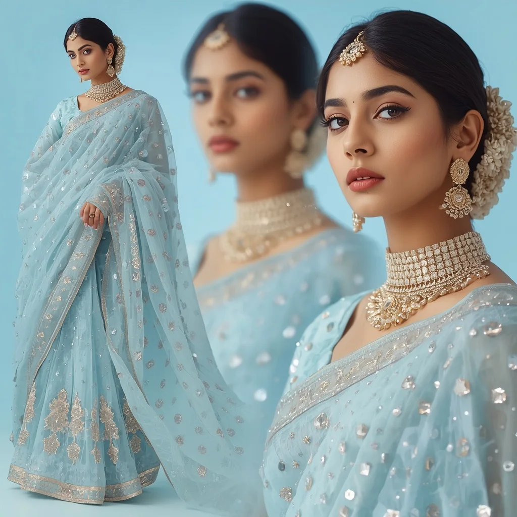 Shimmering Liquid Drops With Complex Festive Fancy Saree | Leonardo Ai Image Prompt