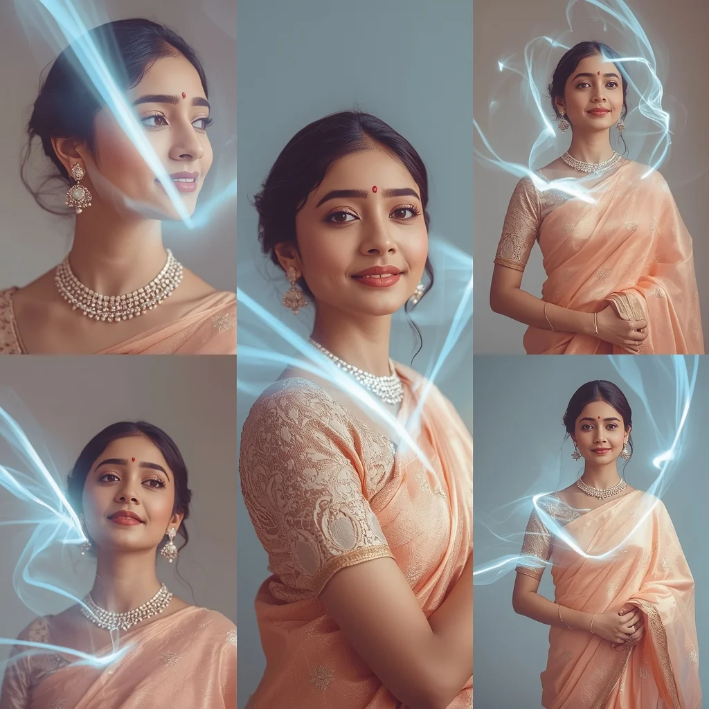 Silken Moonbeam Trail Pastel Saree Indian Woman Collage | Wedding Saree Ai Prompt