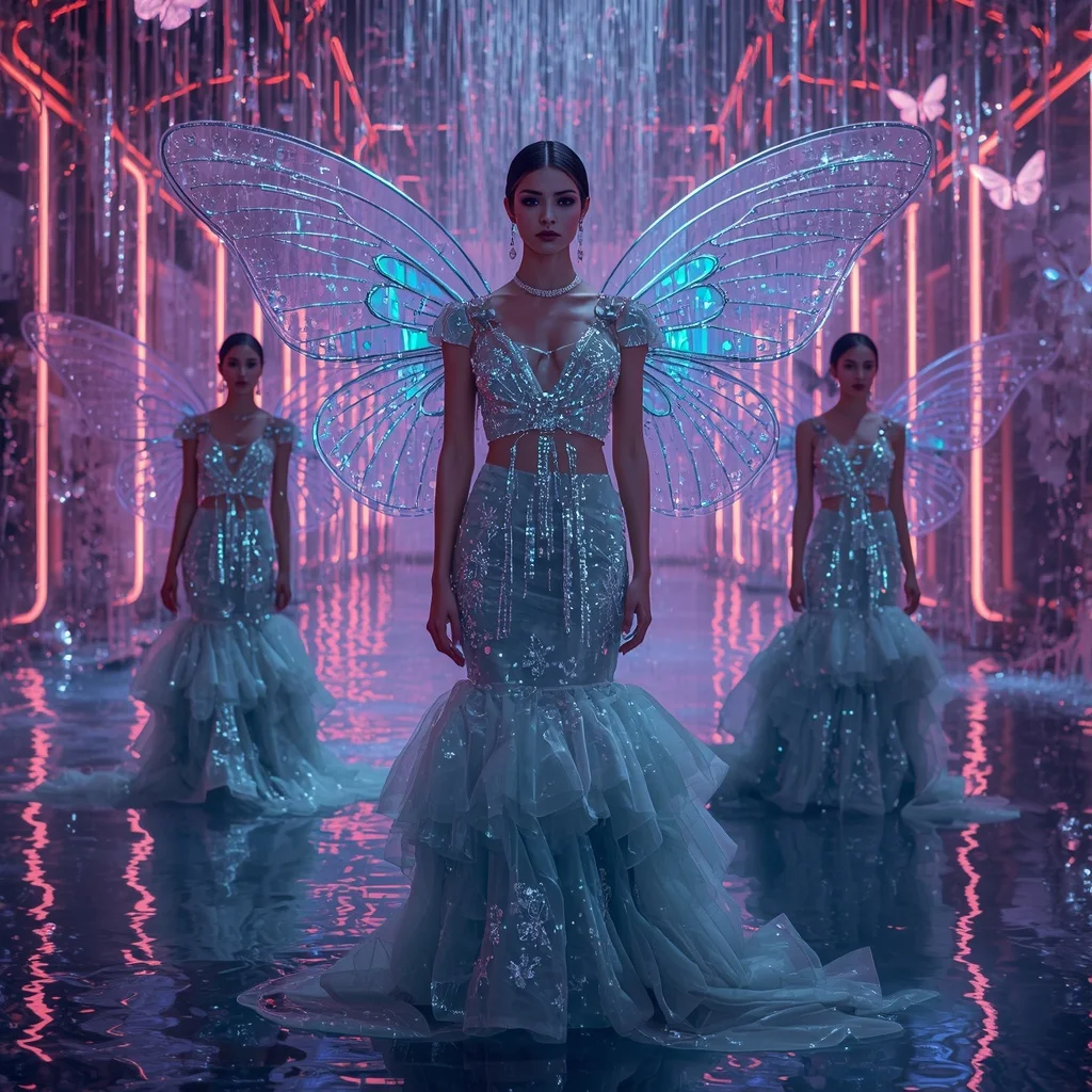 Silver Butterfly Rain Saree Editorial Storyboard with Neon Water Palace Background | Festival Prompt