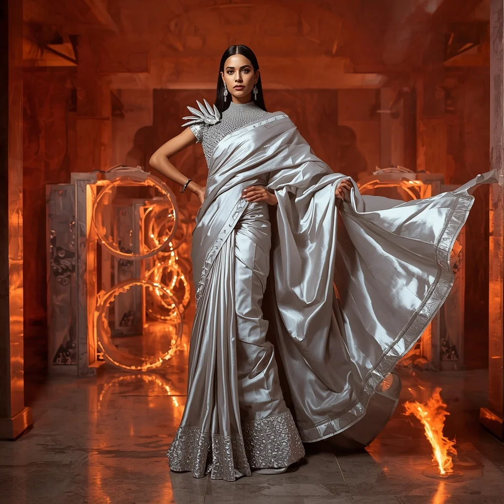 Silver Dragon Inferno Saree – Heavy Royal Designer Saree with Action Pose and Inferno Dragon Fortress Background | Prompt Image