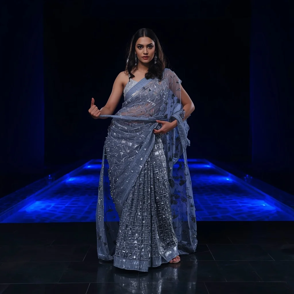 Silver Mirror-Work Saree – Taut Fabric Pull with Indigo Infinity Pool | Prompt Seen Girl Photo Editing ChatGPT