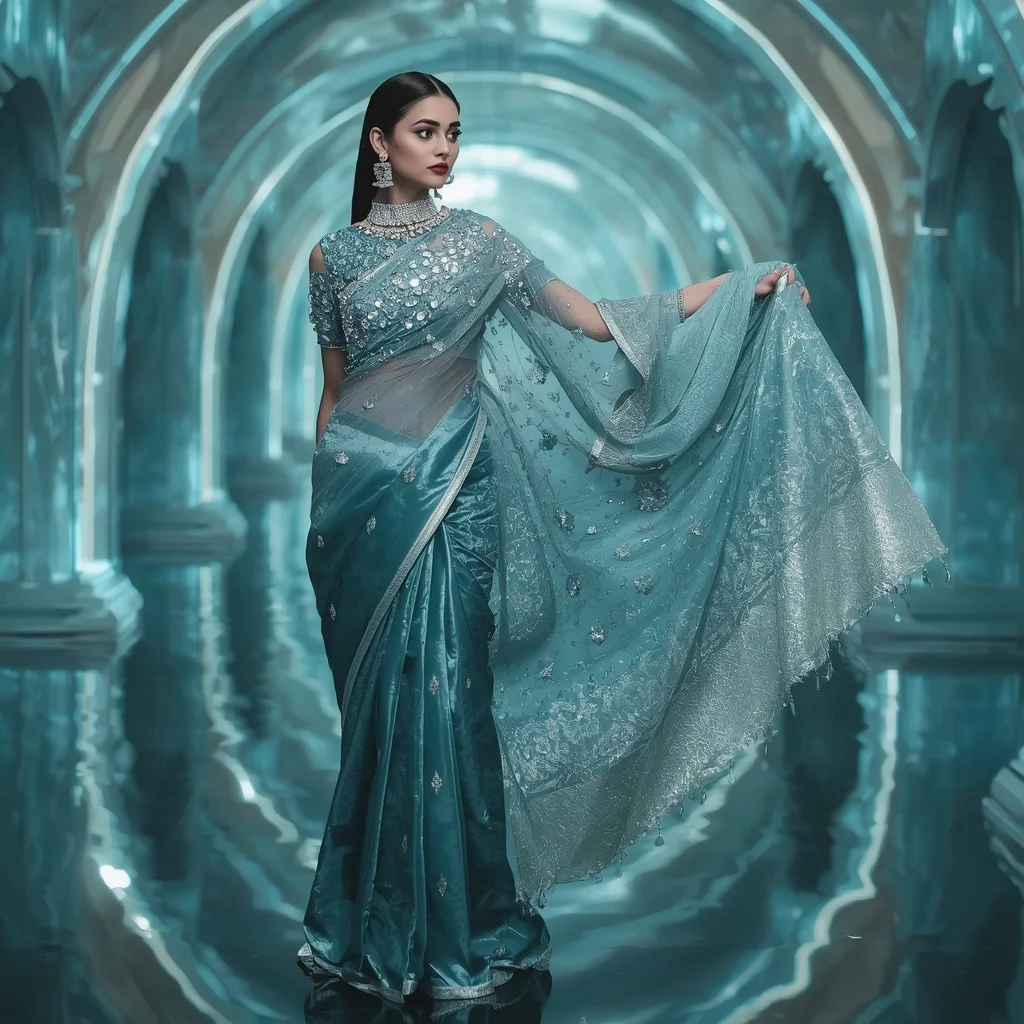 Silver Ocean Orbit Saree – Luxury Glam Saree with Side Pose and Orbit Water Reflection Palace Background | Trending Girl Photo Prompt