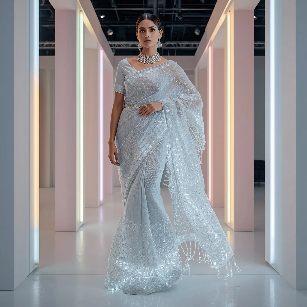 Silver Saree with Sound-Reactive Light Drape | Prompt Gemini