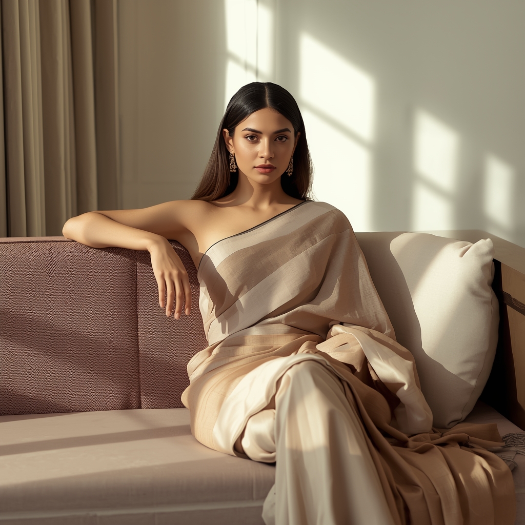 Sitting Modern Saree Sofa Pose with Luxury Minimal Interior | Indian Girl Saree Ai Prompt 4k Realistic