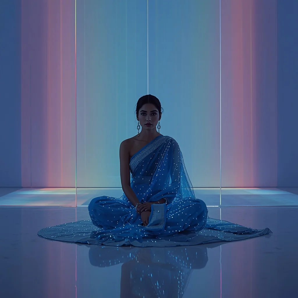 Slate Blue Fiber-Optic Saree – Cross-Legged Floor Sit with Rainbow Prism Light Rays | Face Ai Prompt