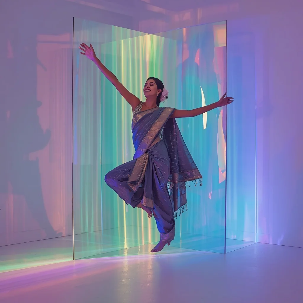 Slate Grey Fiber-Optic Saree – Angular Mid-Air Pose with Rainbow Prism Light | Prompt Seen Girl Photo Editing ChatGPT