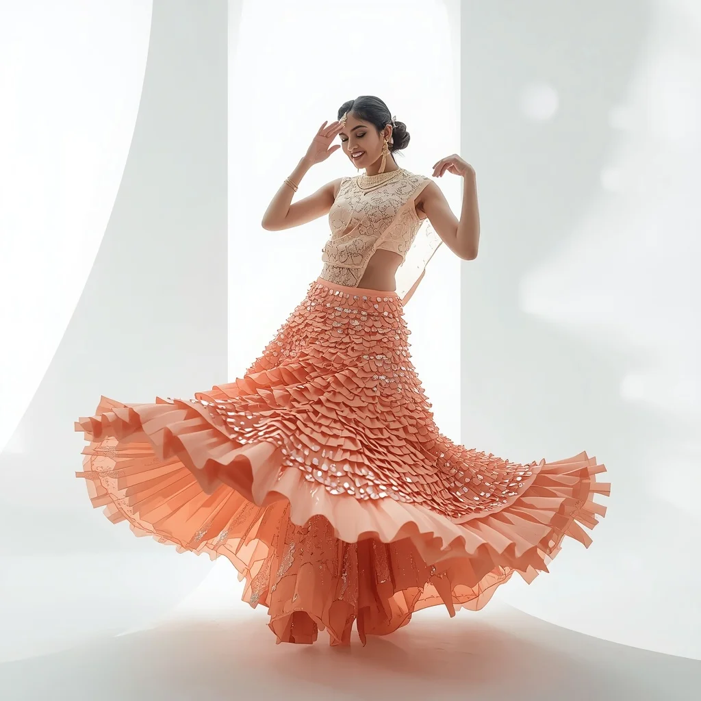 Soft Apricot Ombre Dense Sequin Gradient Saree | Playful Spin Pose | Instagram Story Ai Prompt
