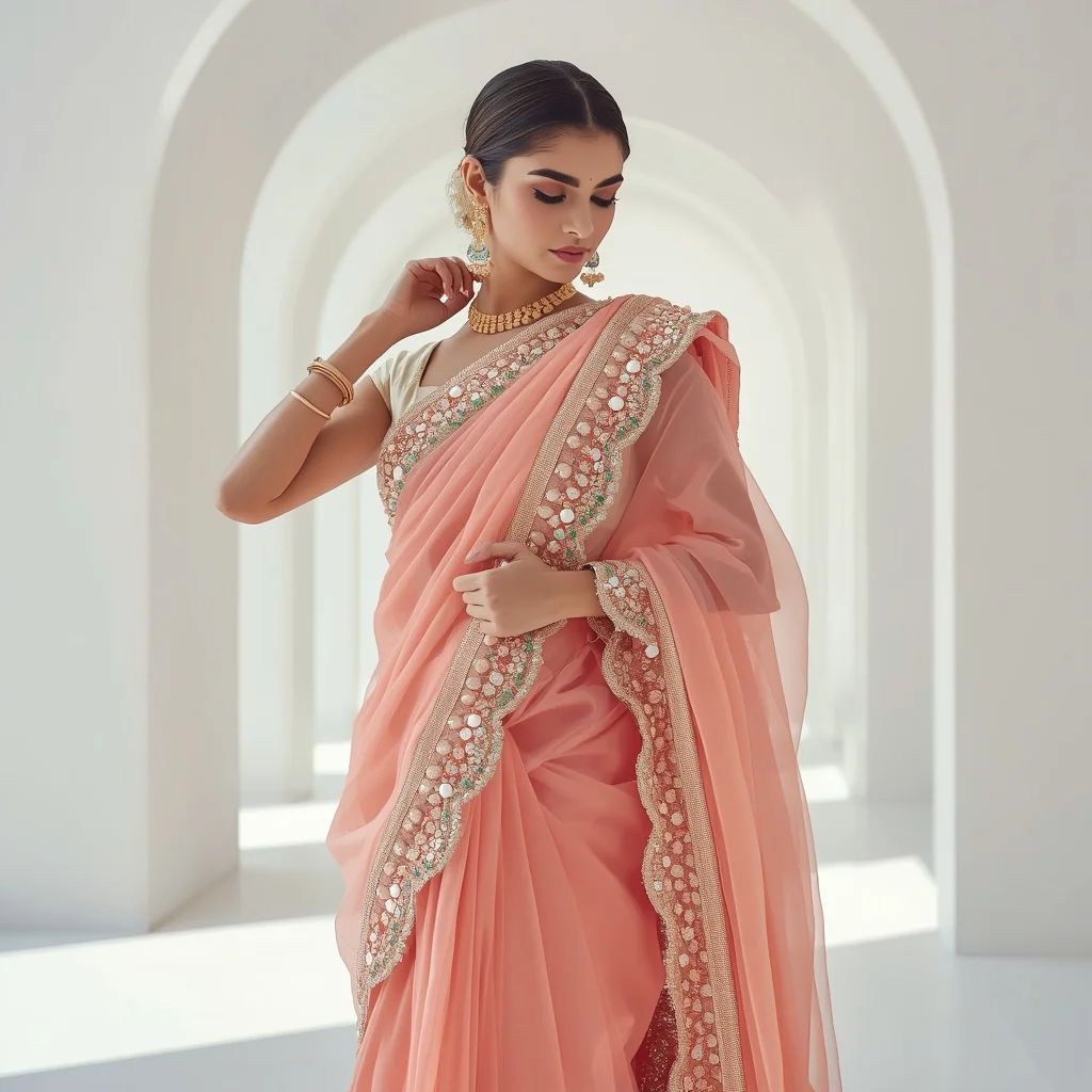 Soft Coral Saree with Heavy Emerald & Pearl Scallop Border | Adjusting Pallu Pose | Viral Instagram Ai Prompt