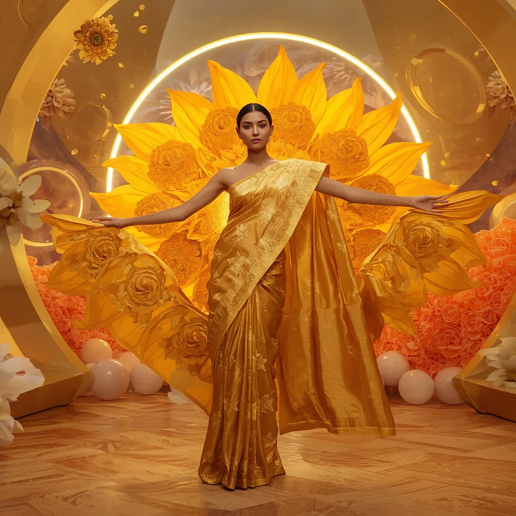Solar Bloom Silk Saree with Floating Sunflower Nebula | Luxury Ai Prompt