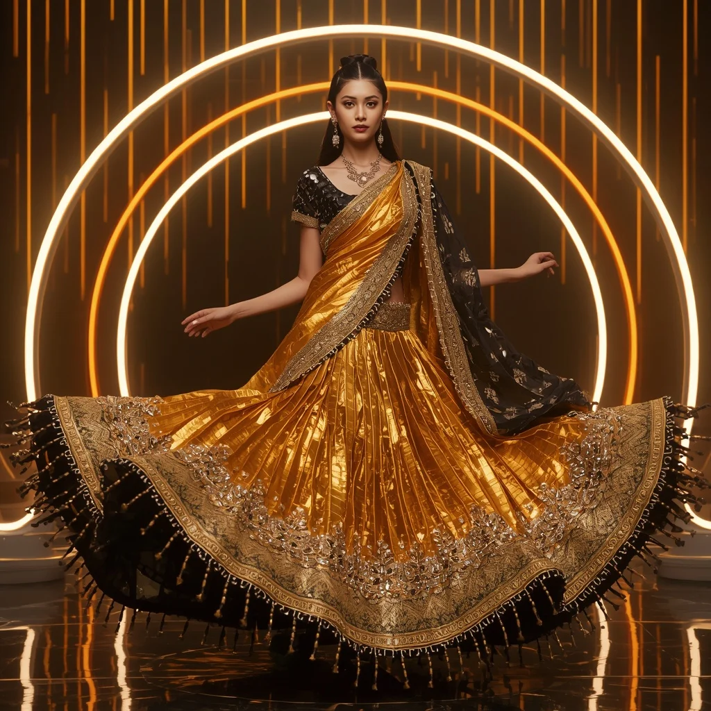 Solar Eclipse Royale Saree with Infinity Arc Empire | 3d Animation Ai Prompt