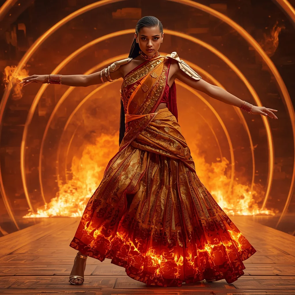 Solar Ember Alloy Saree with Burning Horizon Quantum Hall | Desi Girl Ai Prompt