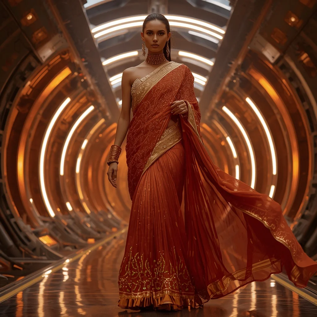 Solar Ember Inferno Zenith Infinity Armor Saree with Curved Firestorm Quantum Dome Reactor Hall Nexus Core System | Trending Ai Prompt
