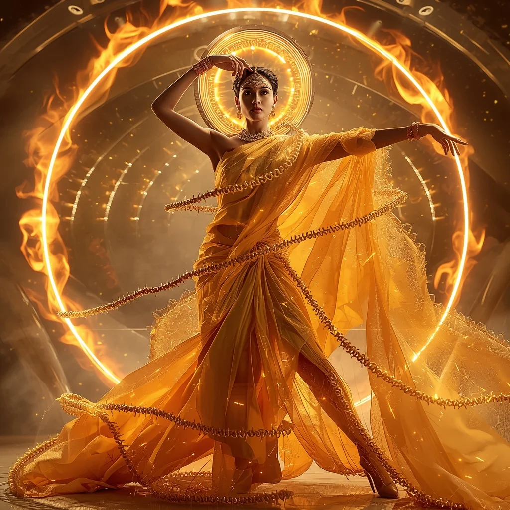 Solar Flame Silk Saree with Orbit Fire Halo | Youtube Thumbnail Ai Prompt