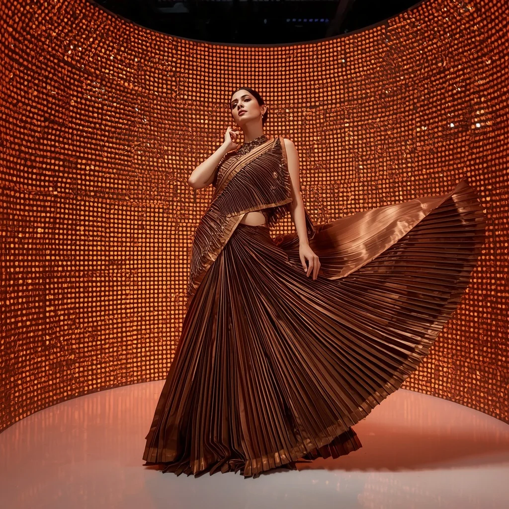 Solar Flare Metallic Silk Saree with Infinite Light Grid Pod | New Instagram Trend Prompt For Girl And Boy Copy And Paste