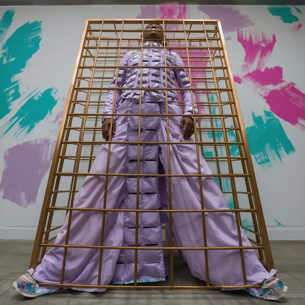 Solid Bismuth Crystal Block Armor & Brushed Bronze Grid Pastel Lavender Saree | High-Angle Power Stance Pose | Ai Girl Image Prompt