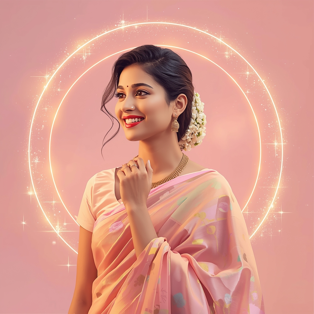 Starlight Pulse Halo Drift Pastel Saree Indian Woman Premium Composition | Gemini Saree Prompt For Woman