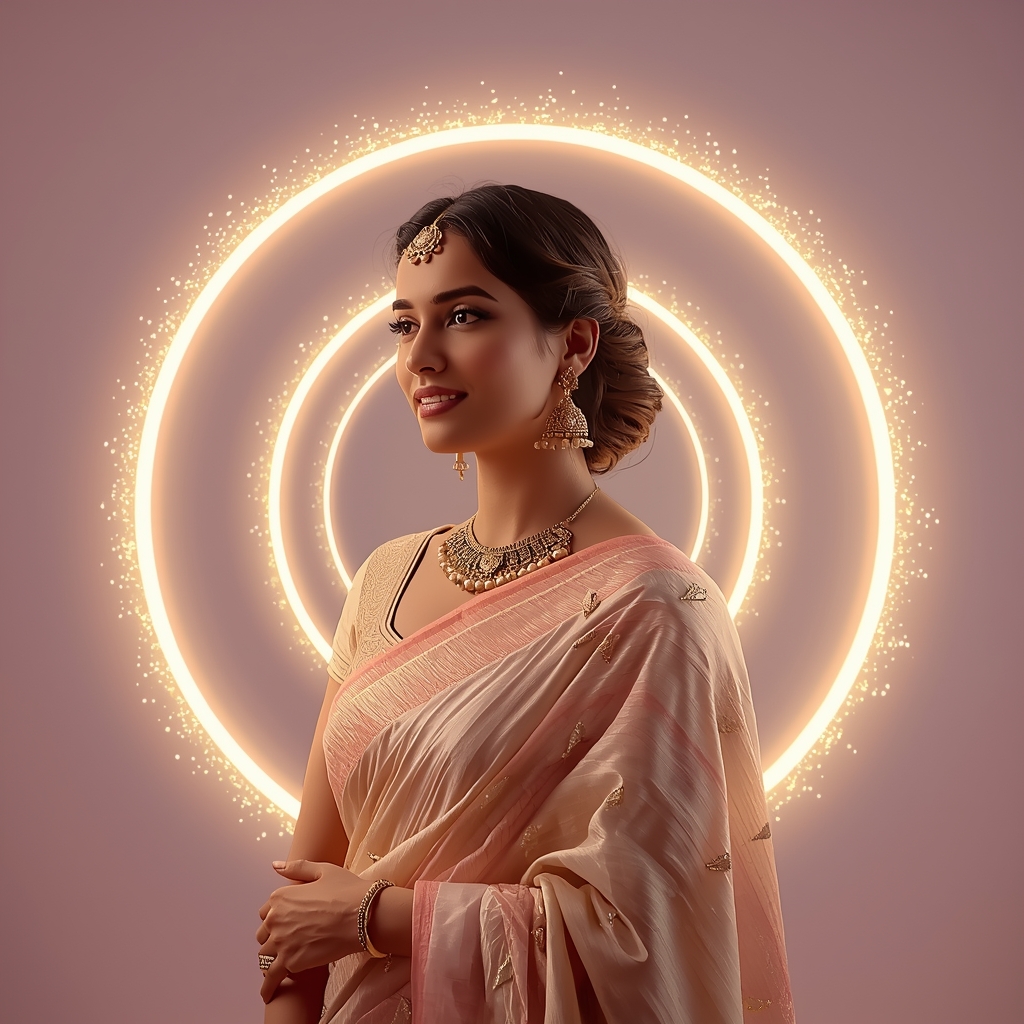 Starlight Pulse Halo Drift Pastel Saree Indian Woman Premium Composition | Saree Prompt For Gemini Ai