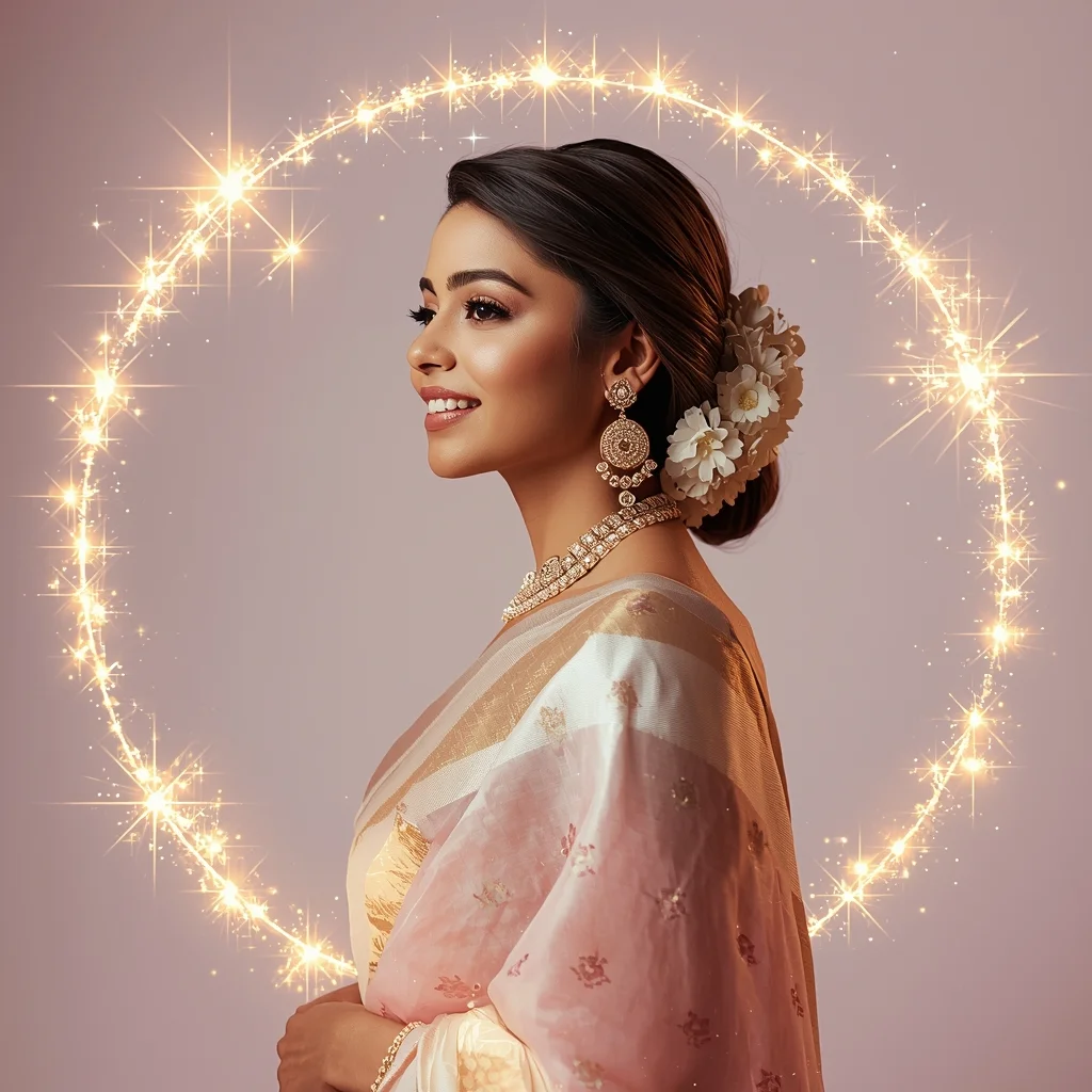 Starlight Pulse Halo Orbit Pastel Saree Indian Woman Premium Composition | Saree Aesthetic Ai Prompt For Pinterest