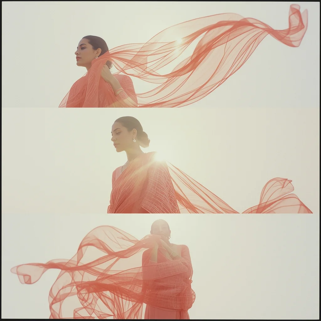 Sunlit Cosmic Silk Ghosting Polaroid Ethereal Flow Vogue Fashion | Chatgpt Photo Editing Prompts For Girl In Saree