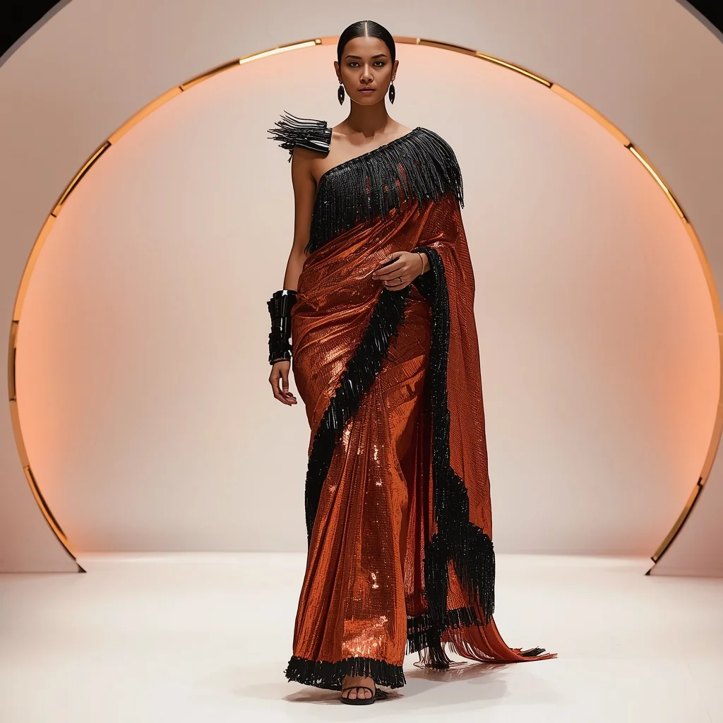 Sunset Copper and Obsidian Fringe Saree in LED Dome | Secret Ai Prompt