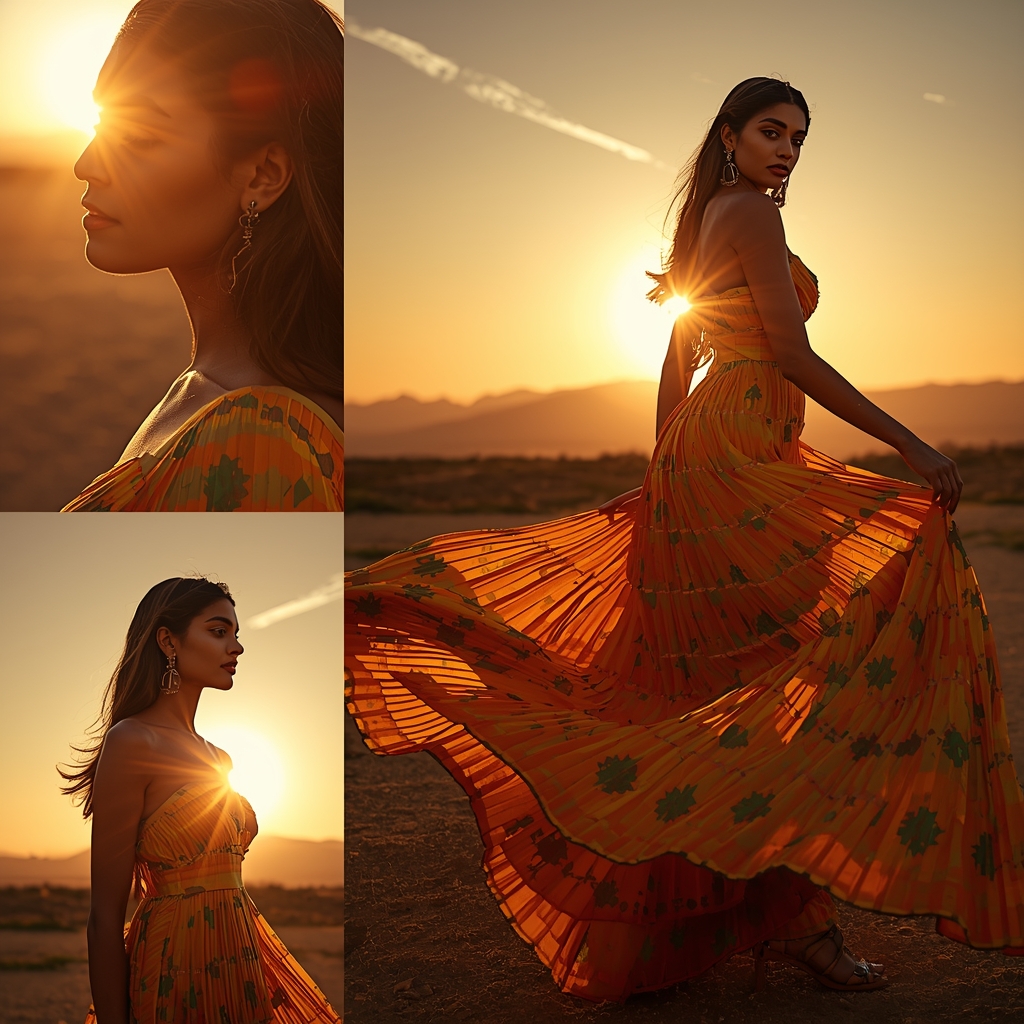 Sunset Glow Wave With Golden Silk Aura Patola Pleated Dress | Indian Girl Ai Prompt