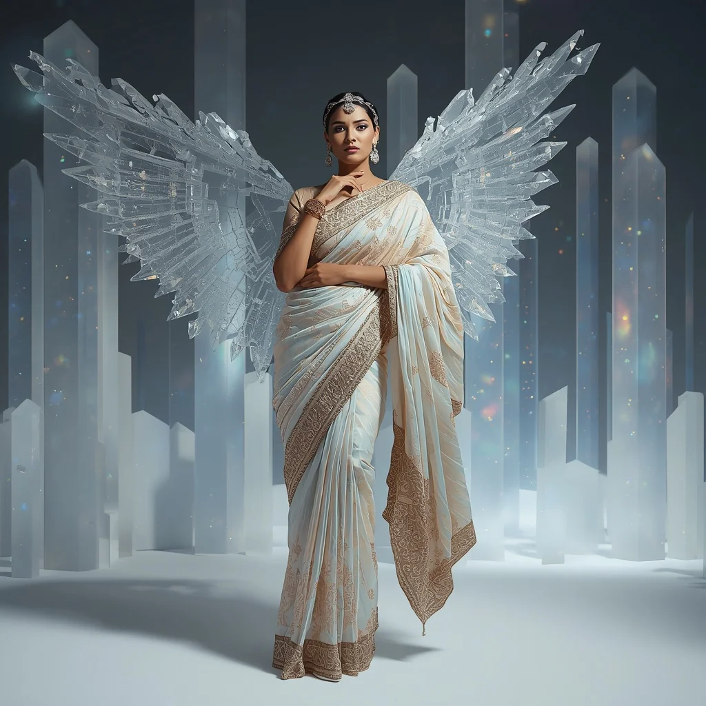 Supreme Infinity Crystal Saree – Ultimate Experimental Festival Saree with Impossible Editorial Pose and Infinite Crystal Universe Background | Fitness Model Ai Prompt
