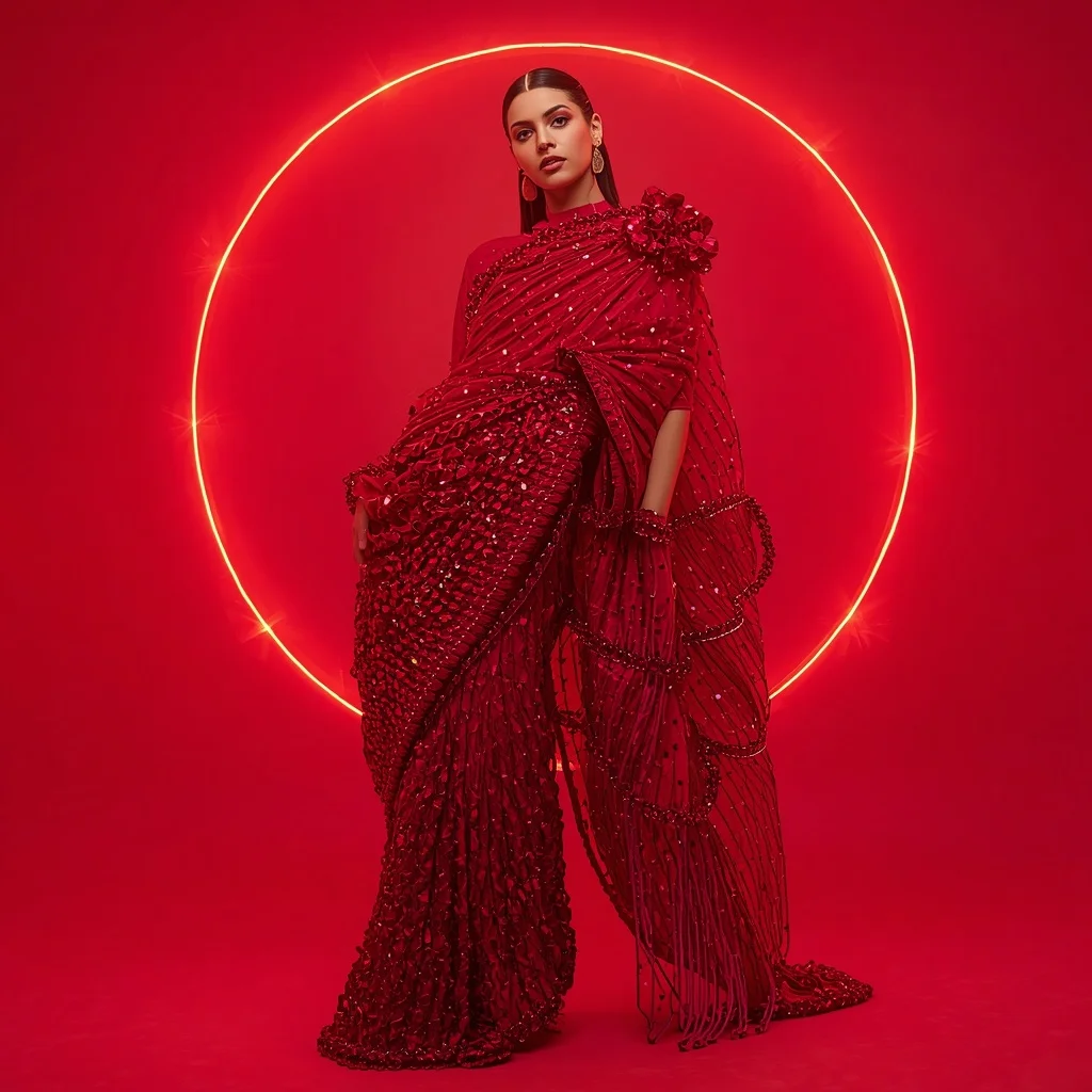Supreme Infinity Ruby Saree – Ultimate Experimental Festival Saree with Impossible Editorial Pose and Infinite Ruby Universe Background | Woman Pose Ai Prompt