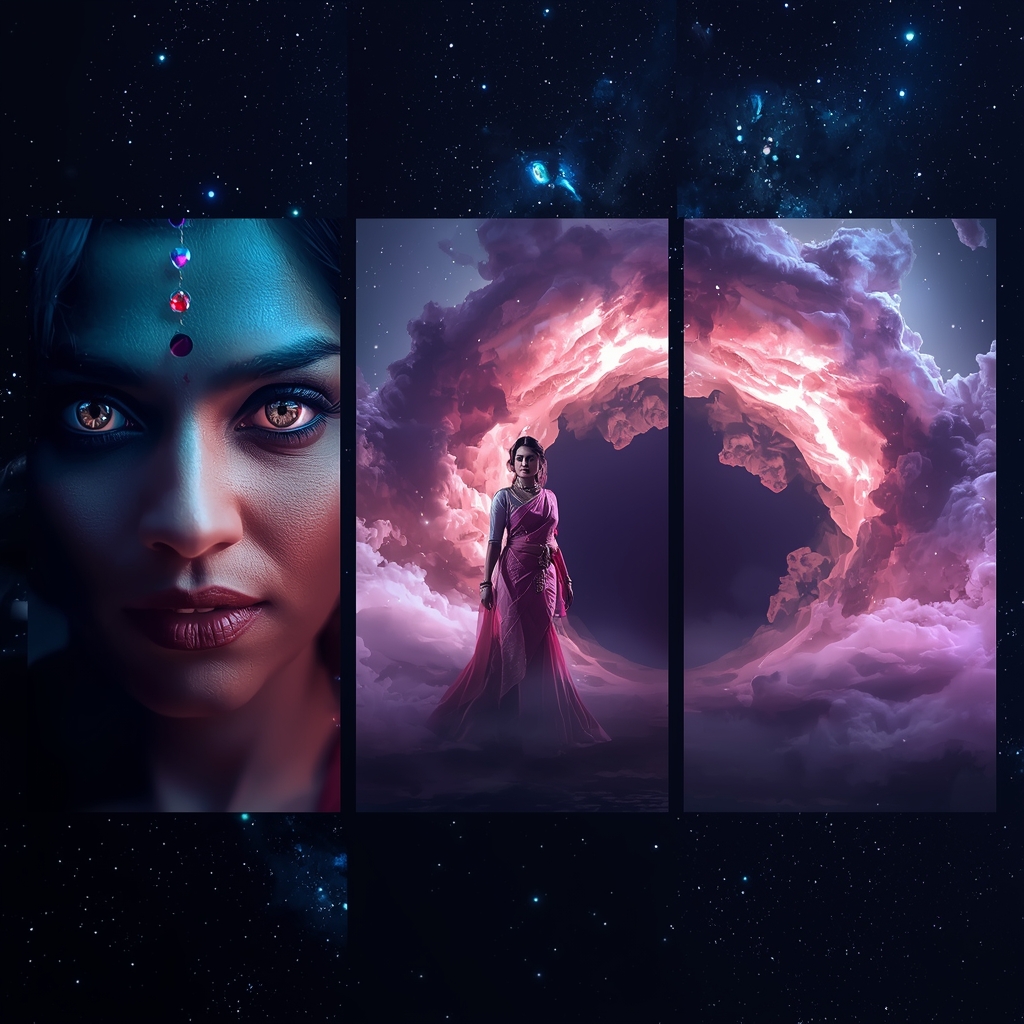 Suspended Cosmic Stardust Nebula Cloud Saree Cinematic Collage | Saree Prompt Copy Paste