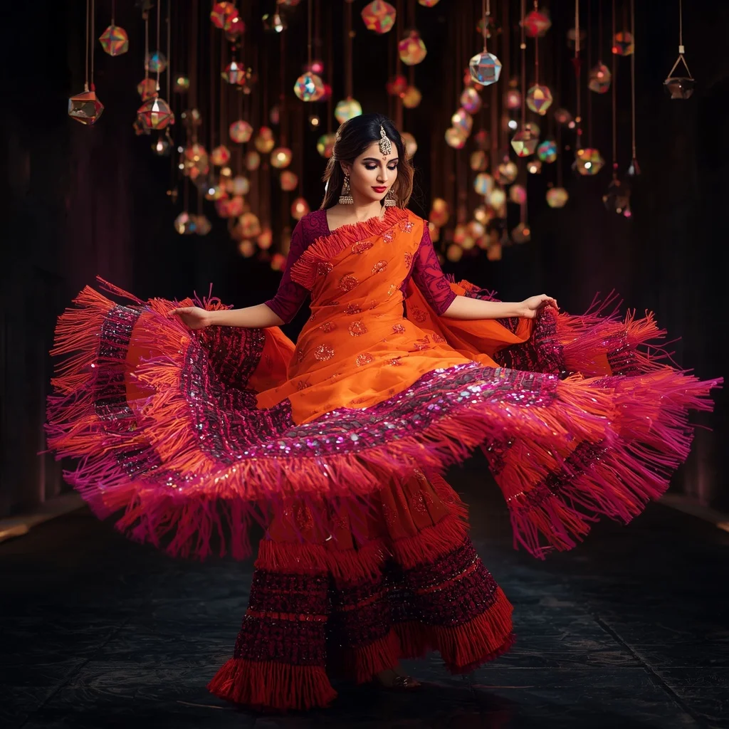 Tangerine Heavy Tasseled Saree for Dynamic Centrifugal Twirls | Selfie Prompt
