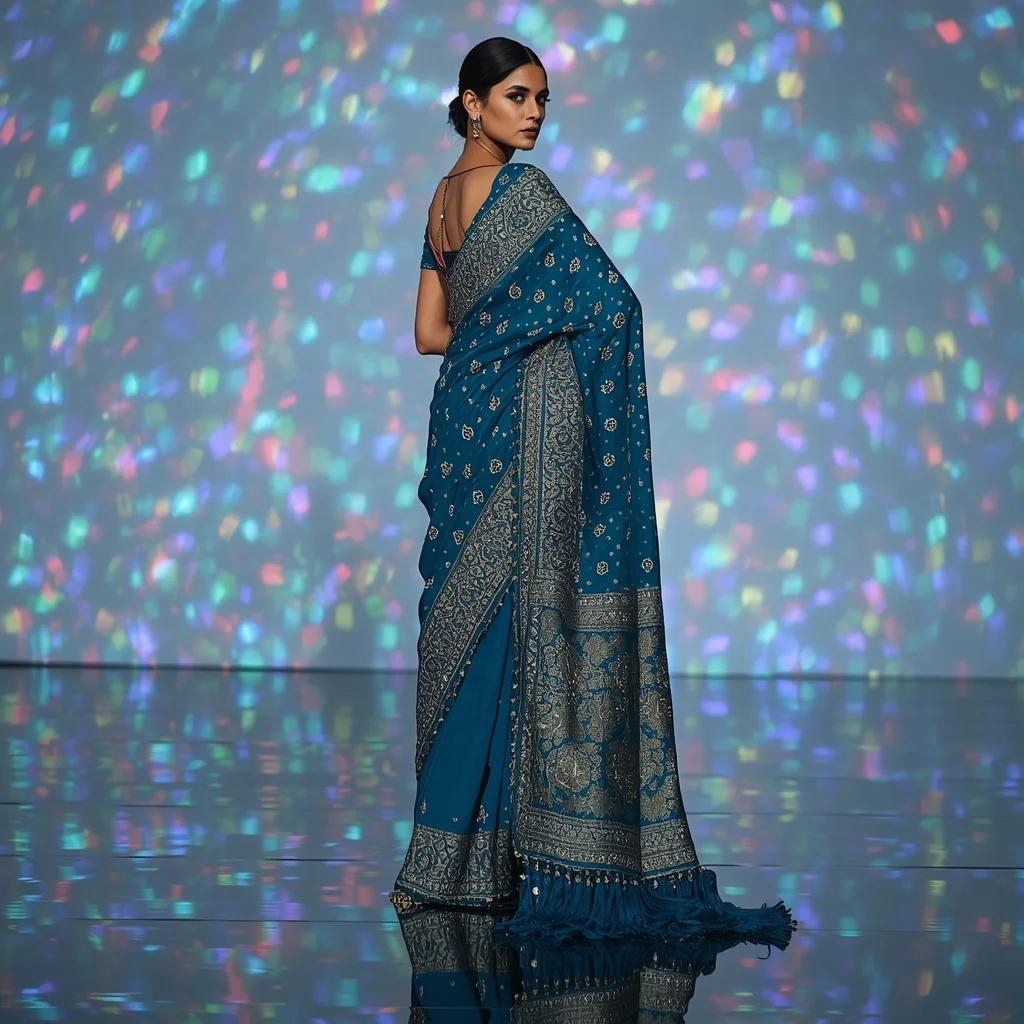Teal Blue Mega Mirror-Work Festive Saree on Abstract Infinity Floor | Sora Ai Prompt