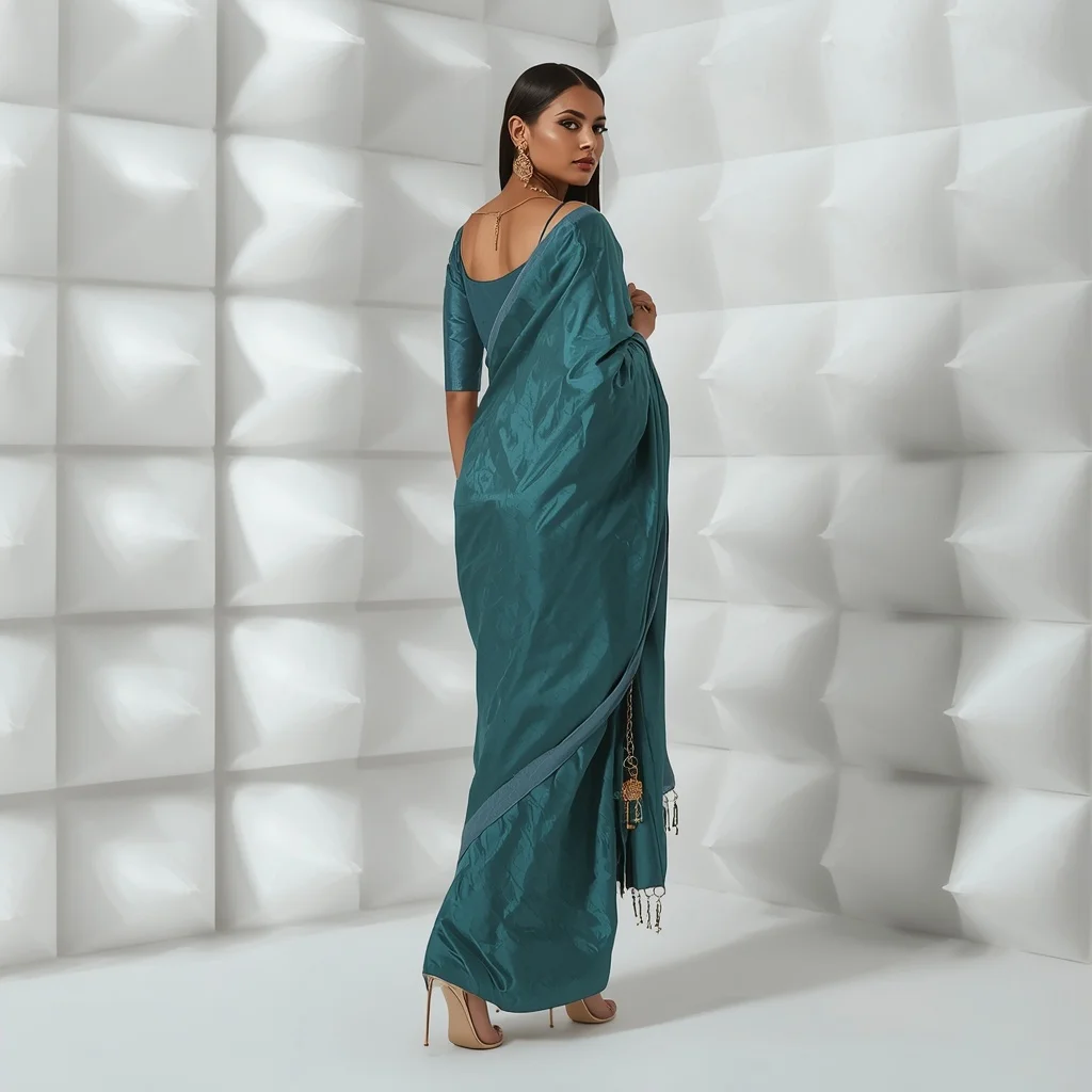 Teal Crushed Silk Saree – Over-Shoulder Stare with White Acoustic Pyramids | Modern Design Ai Prompt